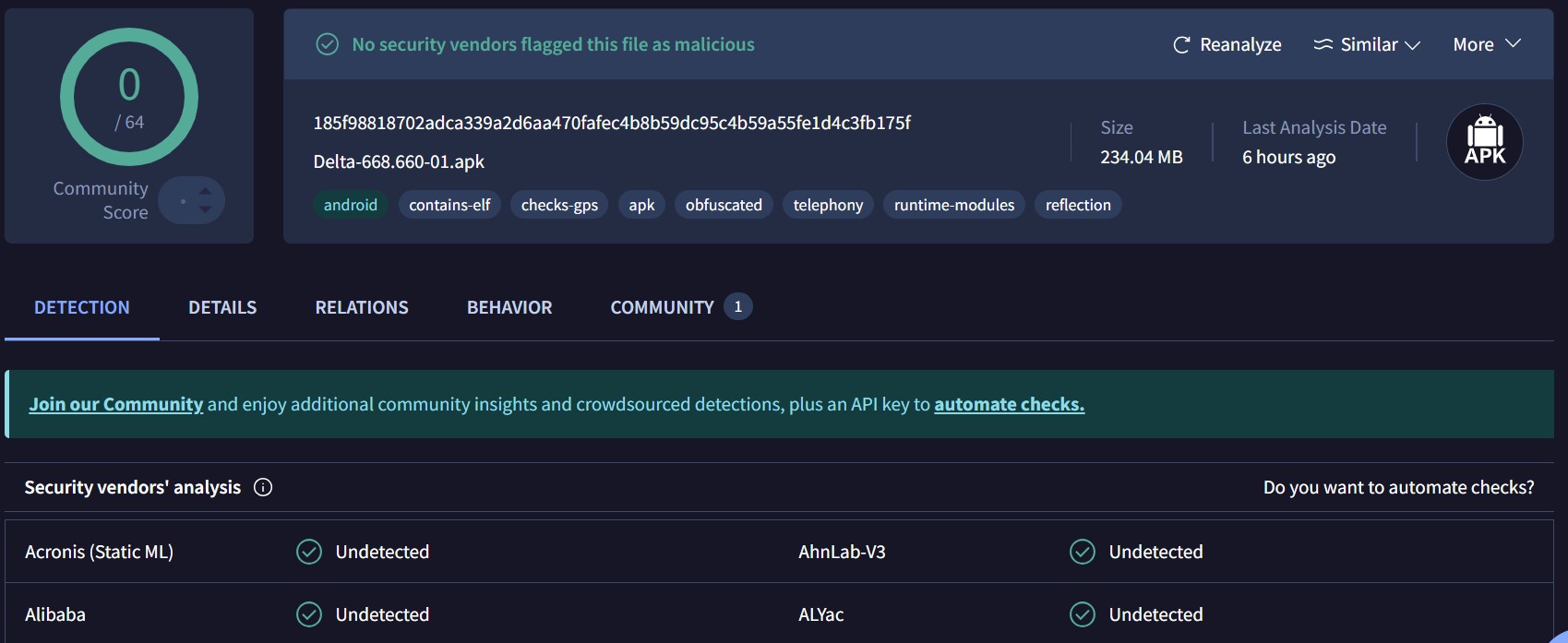 Virus total scan showing Delta Executor apk file is clean from malware and virus.