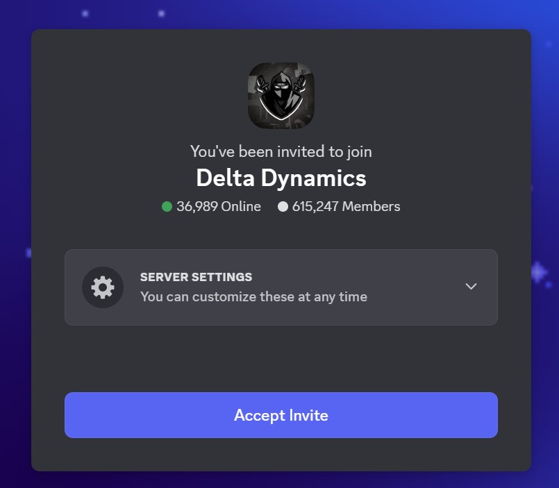 Deltaex Discord Server invite image showing latest numbers of total and active members